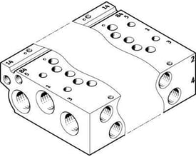 Festo manifold rail VABM-L1-14W-G14-12 viser flere porte og markeringer i en isometrisk tegning.