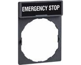 Schneider Electric Skilteholder I/SKILT ZBY2330 med krom frontring og 'EMERGENCY STOP' tekst på sort baggrund, Ø 22 mm.
