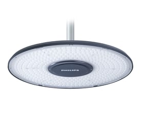 Philips CoreLine Highbay BY121P industriarmatur med rund LED-flade og grå kant, set nedefra; 25.000 lm og 130 W.