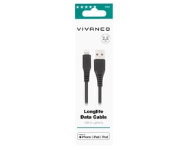 Vivanco Longlife Lightning USB-kabel 2,5m i sort, præsenteret i originalemballage med MFI-certificering for iPhone, iPad og iPod.