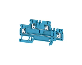 En isoleret blå Weidmüller A2T 1.5 VL BL gennemgangsklemme med push-in tilslutning og synlige metalterminaler på en neutral baggrund.