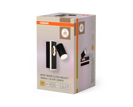 Emballage til Osram DECOR Spot Mars væglampe, sort, viser produktbilleder og specifikationer.