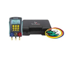 Tecnosystemi PRO 2-WAY digital trykmåler med bæretaske og farvekodede slanger til R410A og R32 gas.
