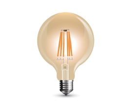 V-TAC 8W LED globepære med kultråd, E27 fatning og Ø12,5 cm diameter, viser pæren med tændt filament.
