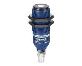 Schneider Electric M30 ultralydssensor i blå plast med IP67-klassificering, M12 stik og synlige mærkningsdetaljer.