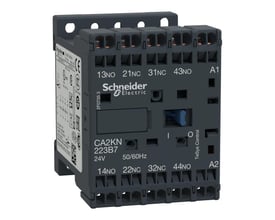 Schneider Electric hjælperelæ 2SL+2BR med 230V AC spole, close-up af terminaler og indbygget LED-indikator.