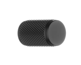 Beslagsboden-knop på 18 mm i matsort med rund front og riflet greb, vist skråt fra siden.