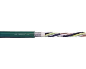 Servokabel 4G10mm²+2X(2x1mm²)C med grøn PUR-kappe, skærmning og farvekodede indre ledere på tromle.