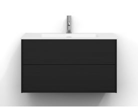 Svedbergs Epos plan underskab, 80 x 45 cm, i sort ask med to skuffer, vist forfra med hvid håndvask.