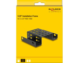 DeLock installationsramme til 2 x 2,5″ i en 5,25″-plads ses på gul emballage med produktnavn.