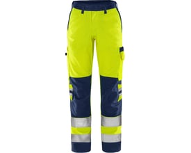 Kansas Fristads Green damebukser i Hi-Vis gul og marineblå, str. 36, med reflekser og flere lommer.