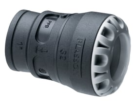 Plasson overgang med muffe i sort PP, 63 mm x 2" med indvendigt gevind og PN16 trykklasse.