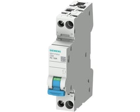 Siemens 1-polet automatsikring med F2 karakteristisk og 16A, har en blå/grøn afbryder mærket O-OFF.