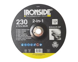 Sort Ironside 2-in-1 skrubskive med gult felt, forsat center og mærkning til stål og rustfrit stål.