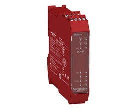 Schneider Electric Modicon XPSMCMC10804 sikkerhedsudvidelsesmodul i rød, med klare statusindikatorer og terminaler.