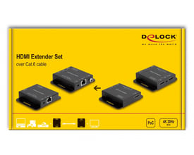 Gul emballage til Delock HDMI-extendersæt over Cat.6-kabel med sender og modtager afbildet.