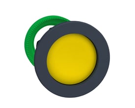Schneider Electric Harmony ZB5FA56 trykknaphoved i gul, sænket design med grøn bagmonteringsring.