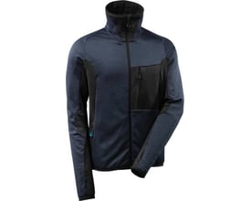 Mascot tofarvet fleecetrøje i mørk marineblå og sort, størrelse 4XL, med høj krave og lynlås.