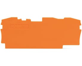 Nærbillede af Wago ende- og mellemplade i orange, viser WAGO 2006 mærkning og 3-leder design.