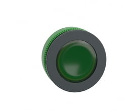 Schneider Electric Harmony XB5/ZB5 Flush lampehoved i grøn med 22mm diameter, monteret på en mørkegrå ramme, vist med hvid baggrund.