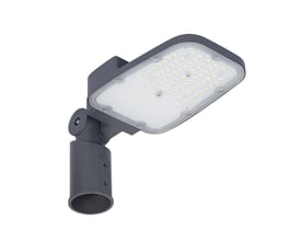 Gråt LEDVANCE Streetlight Area S vejarmatur på 30 W med 3900 lm, set skråt forfra med LED-felt og rundt mastebeslag.