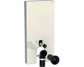 Geberit Monolith cisternemodul i sand grey glass og aluminium, 101 cm højt, med synlige tilslutningsrør og beslag på hvid baggrund.