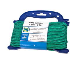 Roliba grøn flisesnor 4 mm i diameter og 20 meter lang, viklet på en blå plastikholder med hjerteformet mønster.