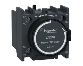 Detaljeret visning af Schneider Electric LADR0 tidsblok, fremviser indstillingsringen for forsinkelse og terminaler med nummerering.