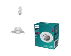 Philips Cilantro indbygningsspot i mat hvid, vist sammen med dens emballage. Spotten har 5W og 500 lumen.
