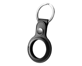Deltaco Apple AirTag etui i sort vegansk læder med nøglering, viser åbent design og metalring.