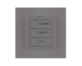 mTouch sparekontakt med mat aluminiumsfinish, viser tre knapper mærket "HJEMME", "BORTE" og "UTE" på hvid baggrund.