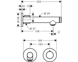 Teknisk tegning af AXOR etgrebsbatteri til vægmontering, viser dimensioner på tud, greb og montageplade i mm.