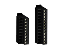 Schneider Electric klemrække med fjederterminalblok til TM221C PLC, vist med to forskellige antal porte på hvid baggrund.