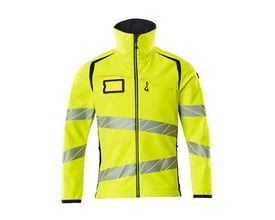 Mascot softshell jakke i hi-vis gul og mørk marine, størrelse 4XL med reflekterende detaljer og lynlås.