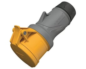 Mennekes PowerTOP Xtra CEE-forlængerled med gult stik, gråt ergonomisk hus og sort kabelindføring, 16A, 110V.