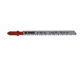 Ironside stiksavklinge T127D i Bi-metal, 100 x 8 x 1,5 mm, set fra siden med sølvfarvet klinge og rødt skaft.