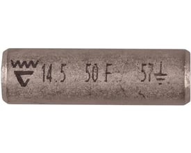 Elpress Cu-pressemuffe med skillevæg KSF50M, 50mm2, fortinnet kobber. Viser markeringer for værktøj og dimensioner.