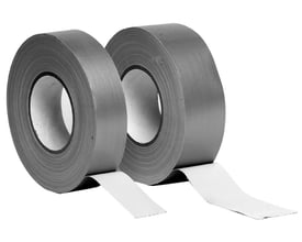 To ruller Lindab ventilationstape i grå lærred, 48 mm x 50 meter, står side om side med tape trukket ud.