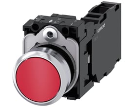 Siemens Sirius ACT 22mm trykknap i metal med rød knap og 1 NO kontakt, vist med monteringsdetaljer.