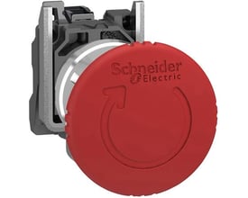 Schneider Electric komplet nødstop Ø40 mm med rød tryk/drej padde og synlig monteringskontakt på grå baggrund.