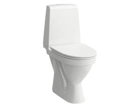 Hvidt, gulvstående Laufen Kompas N-toilet med cisterne og forhøjet siddehøjde på 46 cm, set skråt forfra.