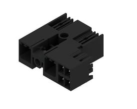 Weidmüllers sorte hybridstik til printkort med 2 poler, 7,62 mm afstand og 90° udgående vinkel, set skråt ovenfra.