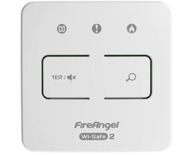 Hvid Fireangel WTSL-F fjernbetjening med tydelige symboler for kulilte, alarm og ild samt knapper til test og lokaliseringsfunktion.