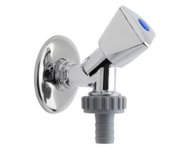 Aftapventil med ½" gevind og krom greb, vist med en grå plast-slangekobling på hvid baggrund.