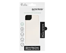 Emballagen viser et hvidt Essentials-silikonecover til iPhone 13, 14 og 15 med MagSafe-kompatibilitet.