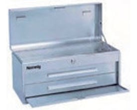 Helmuth A. Jensen Steritool rustfri værktøjskasse med 2 skuffer og åbent topdæksel, fremstillet i AISI 304 rustfrit stål med aluminiumsgreb, mål 500x212x244 mm.