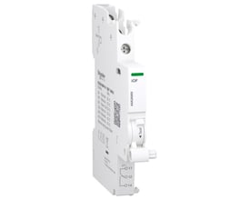 Schneider Electric Acti9 iOF signal kontakt, der fremhæver den grønne indikator og testfunktionen, monteret på en DIN-skinne.