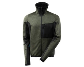 Helkropsbillede af Mascot fleecetrøje i mosgrøn og sort med formskårne ærmer og elastiske detaljer ved håndleddene for optimal bevægelsesfrihed.