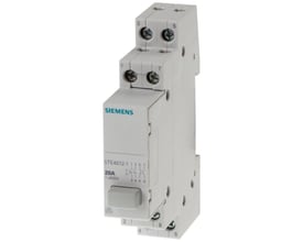 Siemens 5TE4 trykkontakt i grå plast med 3 NO og 1 NC kontakter, mærket 20A ~400V, beregnet til DIN-skinne.