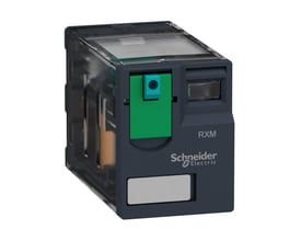 Schneider Electric Harmony RXM miniature plug-in-relæ med 3 CO kontakter og 110V DC spole i mørkegrå plast med grøn låseknap.